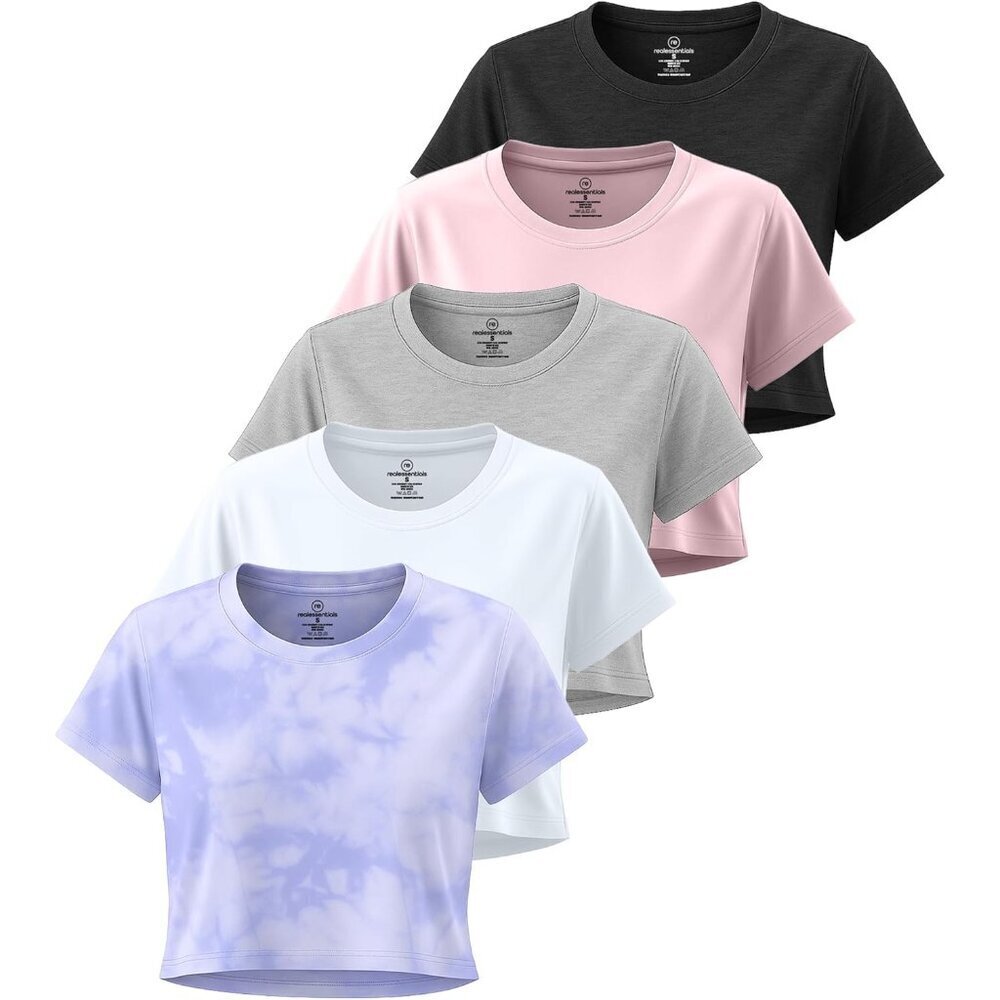 Women's Dry Fit Crop Top 5 Pack Short Sleeve Athletic Tees Plus Size